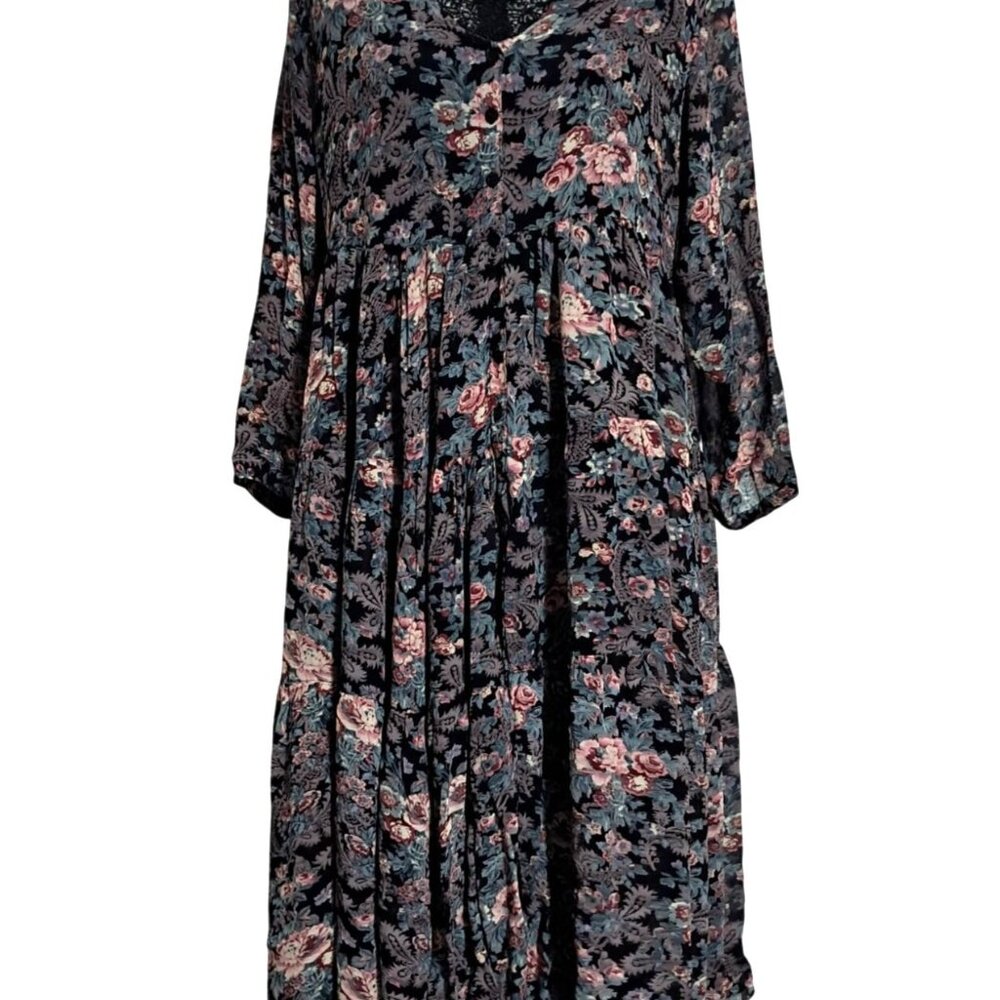 Vintage Nostalgia Floral Tiered Boho Maxi Midi Dress M Black Multicolor Gauzy 10